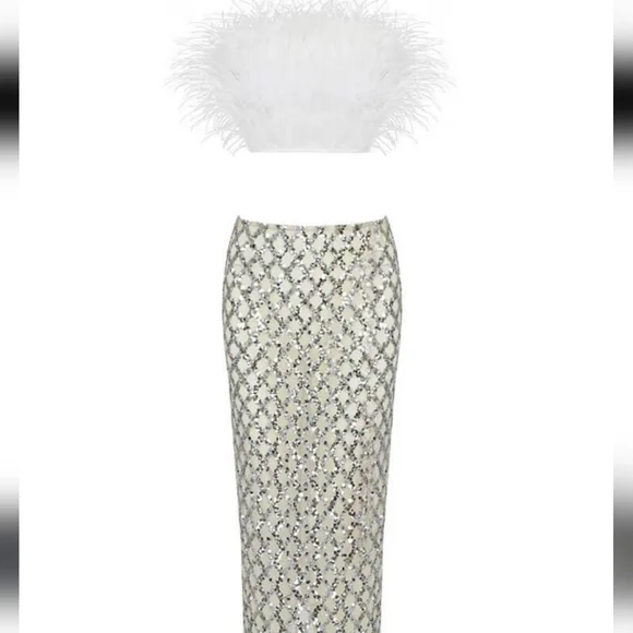 Strappples feather mesh skirt set ...top white feathers , skirt silver sequins. - Picture 3 of 7